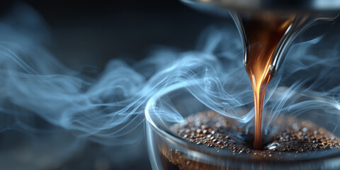 Steam swirling in soft focus while espresso pours cleanly in center frame