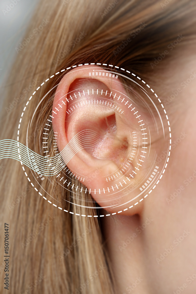 Poster close-up view of a human ear with sound wave graphics indicating auditory activity and analysis in a