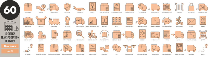Logistics, transportation, delivery - thin line icons set, light orange fill. Courier, cargo, warehouse, package, shipment, tracking number, delivery address, pallet, van, truck, vector illustration