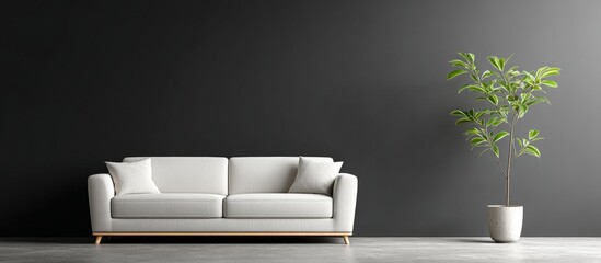 Minimalist living room with a white sofa and a potted plant against a dark wall.