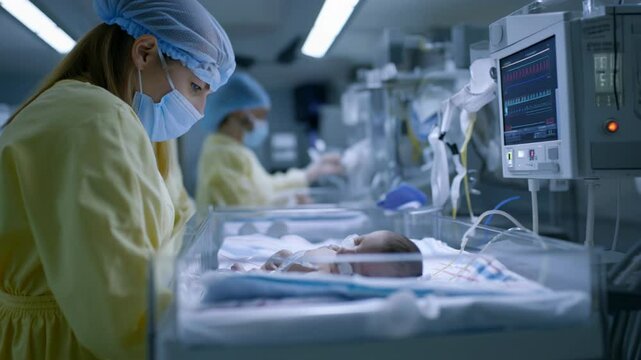 Nurse provides care for premature newborn in incubator at hospital neonatal unit