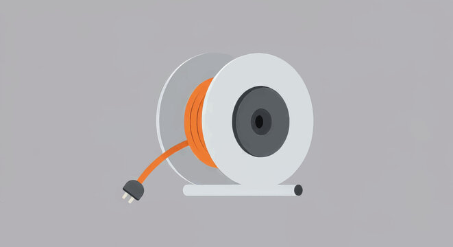 Extension cord on a reel with orange cable displayed on a gray background for easy storage and accessibility