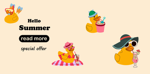 Web page design template. Summer Fun Rubber Ducks at the Beach. Playful Cartoon Set	