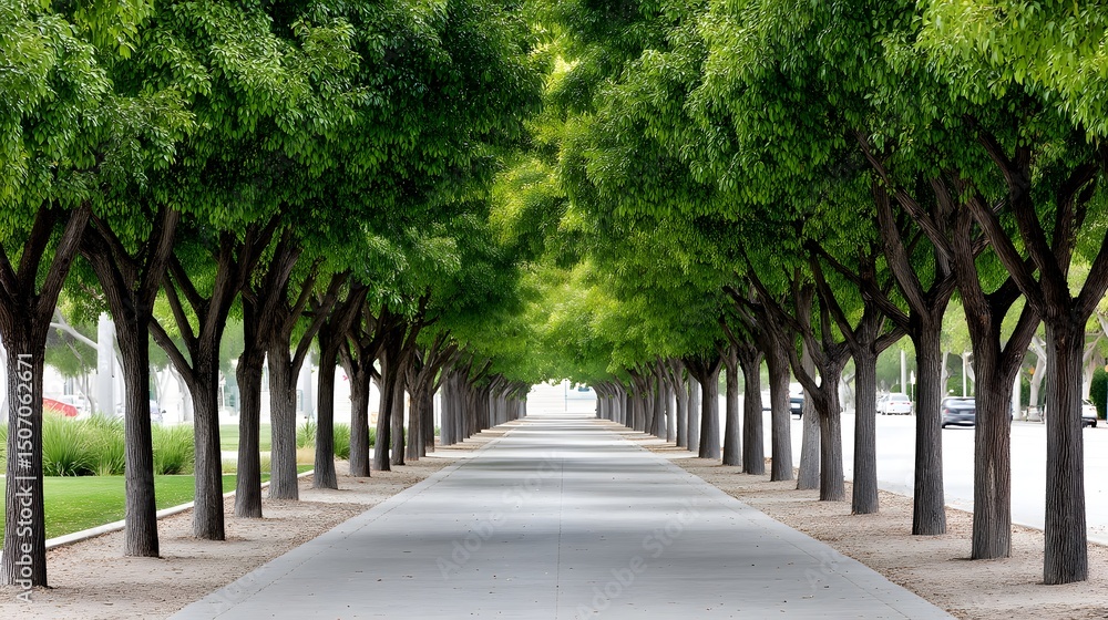Poster symmetrical rows of trees lining a tranquil path in an urban park