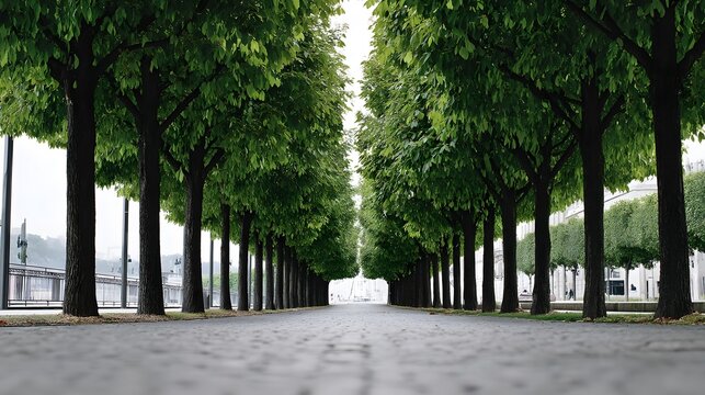 A symmetrical avenue of lush green trees lining a serene path in an urban park.