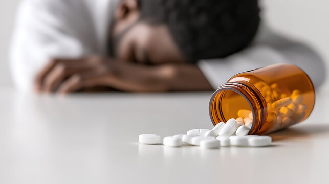 Depression and substance abuse: Overdose risk, mental health challenges. Despair, sadness, loss concept. Addiction, medication reliance, drug use concern.