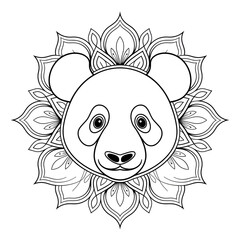 A black and white mandala panda head illustration line art of a coloring page