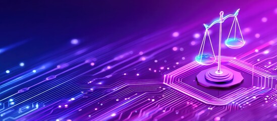 A glowing balance scale stands on a digital circuit board, symbolizing technology and justice in a vibrant, futuristic setting.