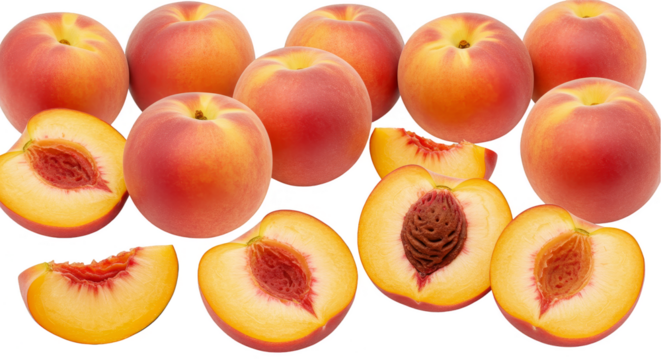 Isolated Transparent Background of Ripe Peaches Halves and Slices PNG