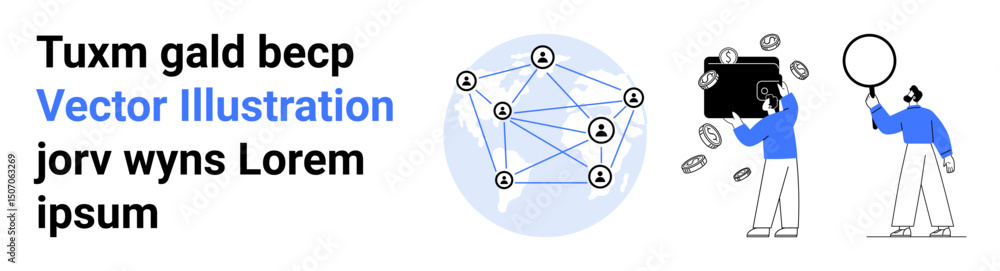 Poster network connections with user icons, person collecting coins, and another analyzing data with magnif