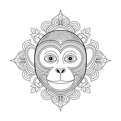 A black and white mandala monkey head illustration line art of a coloring page