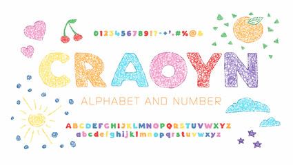 Colorful Crayon Kids Alphabet — Hand-Drawn Playful Font with Chalk or Wax Texture, Scribble Style Letters and Numbers for Children’s Education, Posters, School Projects, and Fun Designs.