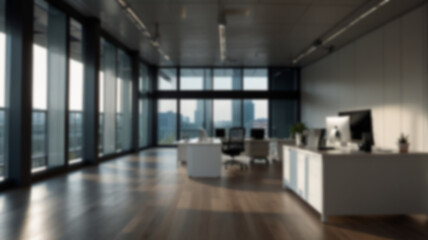 Beautiful blurred background of a light modern office interior with panoramic windows and beautiful lighting.