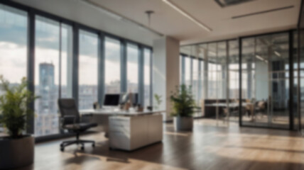 Beautiful blurred background of a light modern office interior with panoramic windows and beautiful lighting.