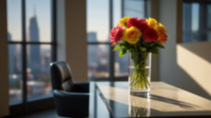Beautiful blurred background of a light modern office interior with panoramic windows and beautiful lighting.