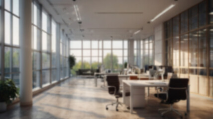 Beautiful blurred background of a light modern office interior with panoramic windows and beautiful lighting.