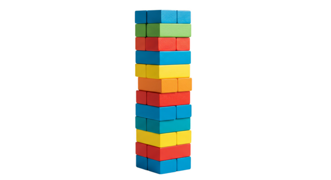 Isolated Transparent Background of Stacked Colorful Wooden Blocks Tower