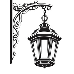 Obraz premium Ornate Black and White Hanging Lantern Silhouette with Decorative Metal Arm Design