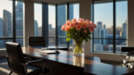 Beautiful blurred background of a light modern office interior with panoramic windows and beautiful lighting.
