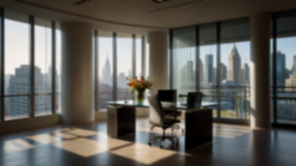 Beautiful blurred background of a light modern office interior with panoramic windows and beautiful lighting.