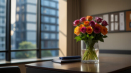 Beautiful blurred background of a light modern office interior with panoramic windows and beautiful lighting.