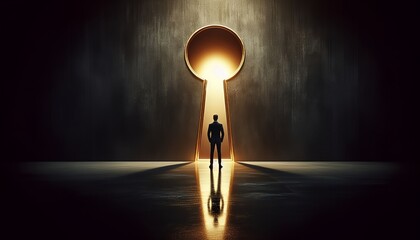A silhouette stands before a giant keyhole, which symbolizes both opportunity and the unknown.
