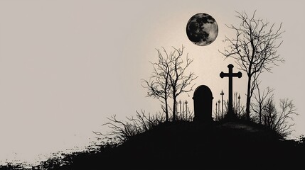 Silhouette of a somber graveyard at night under a pale moon