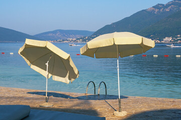 Summer beach vacation. Beautiful sunny Mediterranean landscape. Montenegro, Bay of Kotor, Tivat