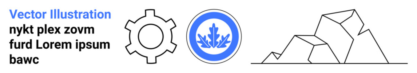 Gear outline next to circular badge featuring leaf emblem and geometric rocks. Ideal for industry, environment, nature, mechanical systems, eco-branding, geology, and a simple landing page