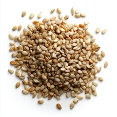 Fototapeta premium A close-up of nutritious sesame seeds scattered on a white background.