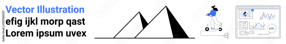 Poster abstract pyramids with geometric styling, person riding a scooter, and data analytics dashboard. ide
