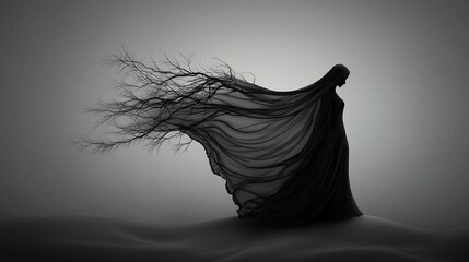 Silhouette of a veiled figure with flowing branches
