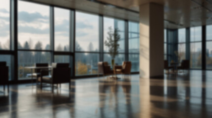 Beautiful blurred background of a light modern office interior with panoramic windows and beautiful lighting.