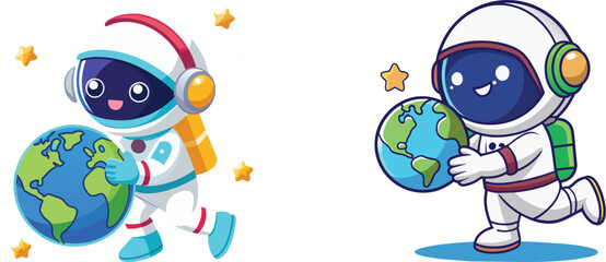 Fototapeta premium set of two design astronomers holding Earth globe cartoon character vector illustration