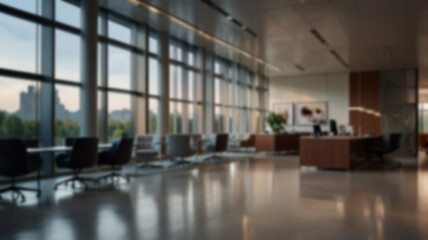 Beautiful blurred background of a light modern office interior with panoramic windows and beautiful lighting.