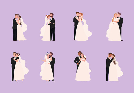 White And Black Romantic Couple Bride Groom Wedding Illustrations Set