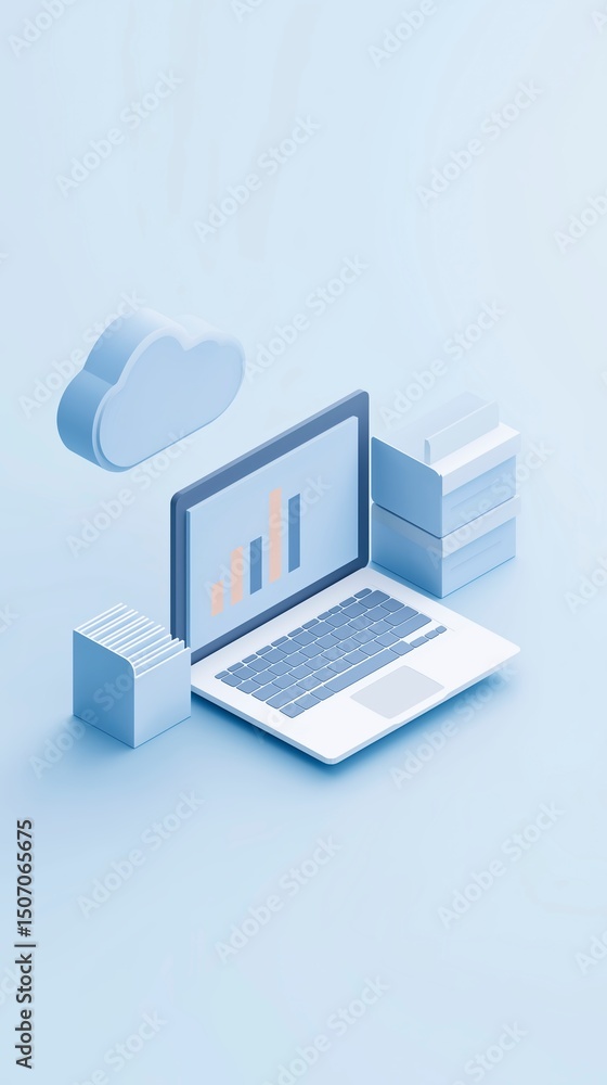 Poster 3d illustration of a laptop displaying growth charts surrounded by cloud storage and stacked files r