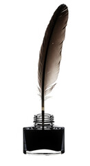 Illustration of Feather Quill Pen in Inkwell with Black Ink Transparent