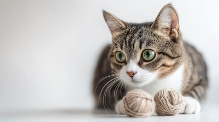 Fototapeta premium Gray and Orange Tabby Cat Sitting on White Background - Cute Pet Theme Design for Animal Illustrations and Minimalist Pet Product Advertising
