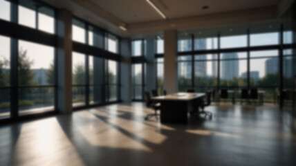 Beautiful blurred background of a light modern office interior with panoramic windows and beautiful lighting.