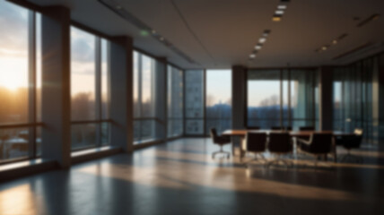 Beautiful blurred background of a light modern office interior with panoramic windows and beautiful lighting.