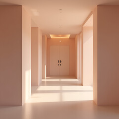 A brightly lit modern hallway features walls painted in varying shades of pink and peach, leading to a light green wall at the far end.
