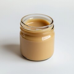 Close-up of a jar filled with creamy brown spread or sauce.