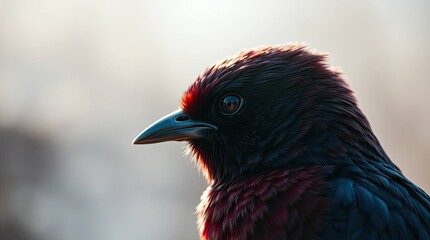 Close-up portrait of a beautiful bird with dark feathers and a sharp beak