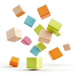 Colorful wooden blocks in mid-air provide a playful and creative vibe.