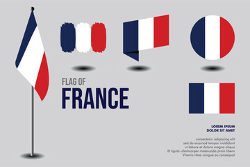 Set of France flag in 5 designs: flag on pole, brush stroke, skew, round and standard. vector, flat, isolated on grey background. Perfect for various design projects