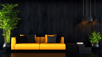 Modern Yellow Sofa in Elegantly Designed Interior with Black Walls and Green Plants