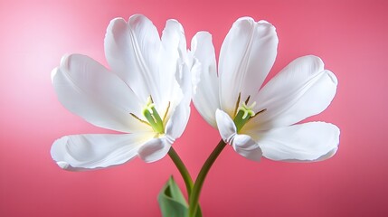 Fototapeta premium Pair of Elegant White Tulips with Delicate Petals Against a Soft Pink Background