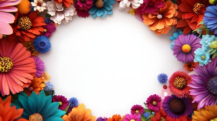 Obraz premium Vibrant Floral Frame with Colorful Flowers on a White Background for Celebration or Decoration