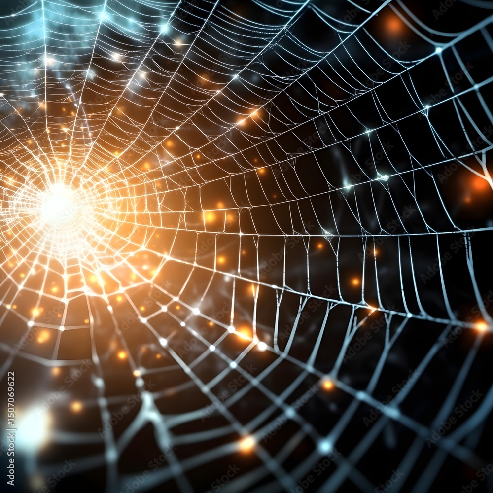 Wall mural intricate spider web glowing with soft light in a dark background capturing nature's design